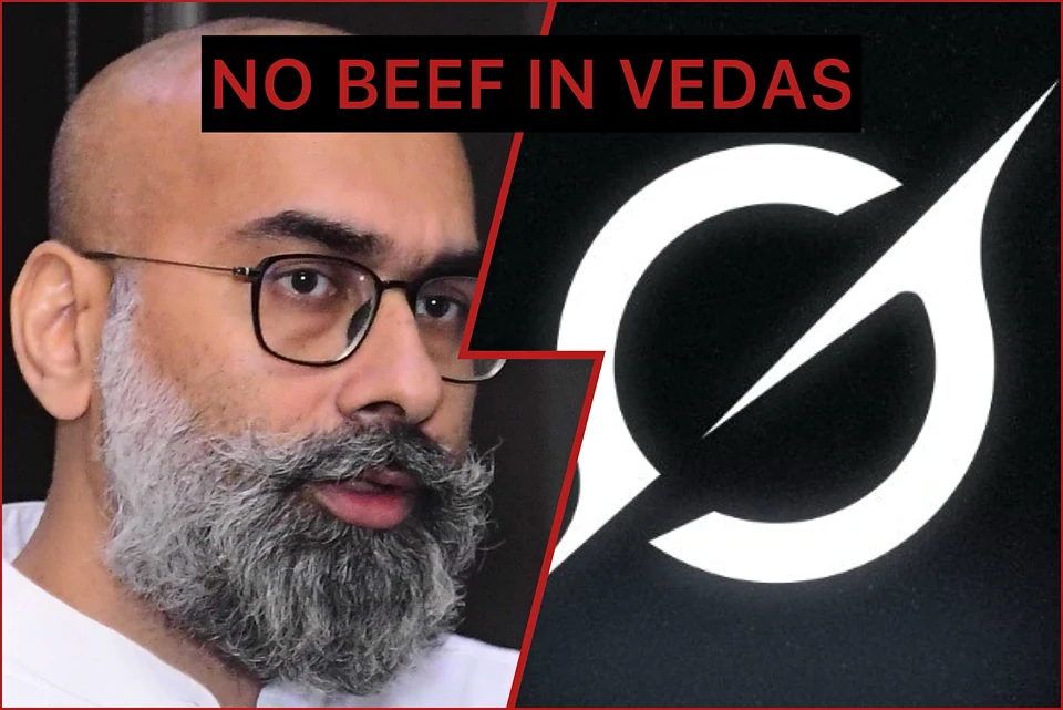 A man with glasses beside a graphic reading No Beef in Vedas.