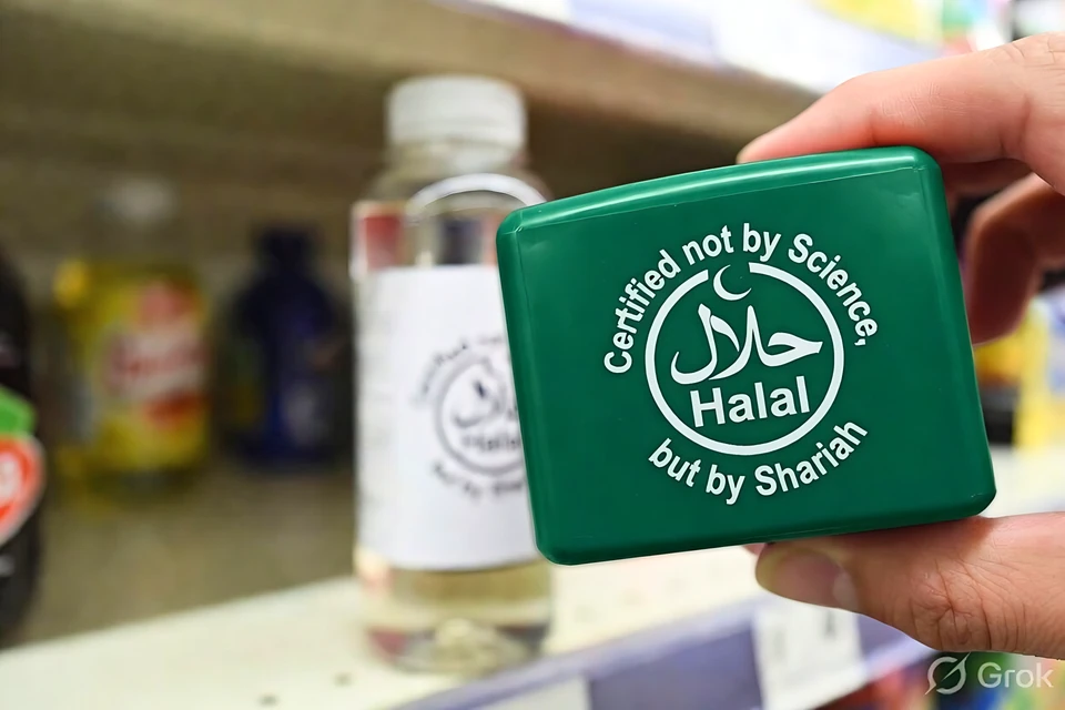 A hand holding a green Halal certification graphic in front of bottled products.