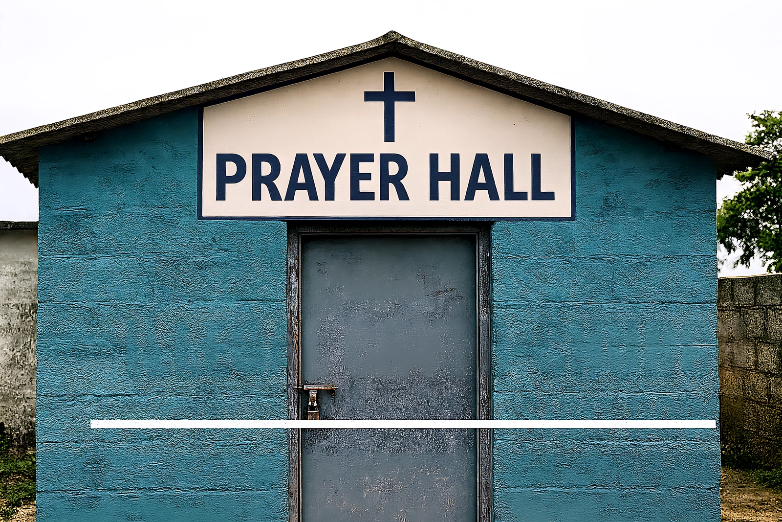 A small blue building with a cross and a Prayer Hall sign.