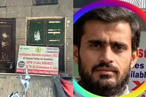 Books and an Islamic bookstore sign beside a man's portrait.