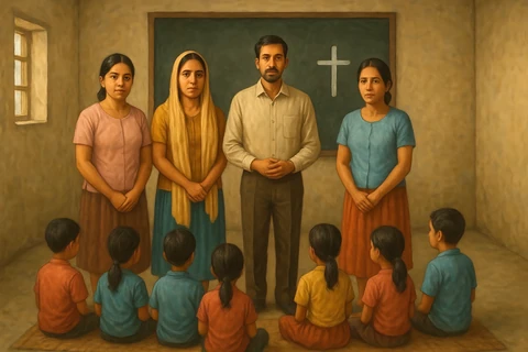 Illustration of four adults standing before seated children in a room with a cross on the wall.