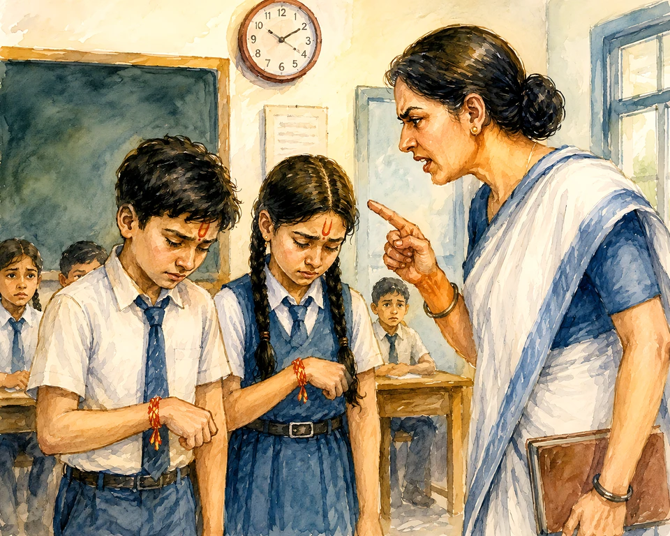 Illustration of a teacher addressing two pupils in a classroom.