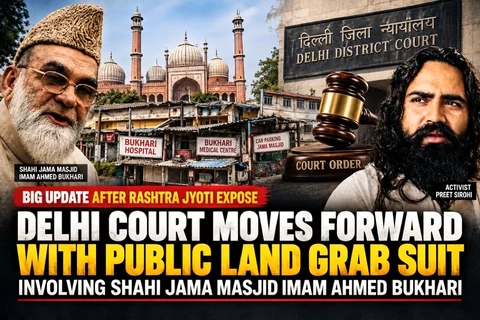Editorial composite showing Jama Masjid, Delhi District Court, Syed Ahmed Bukhari and Preet Sirohi.