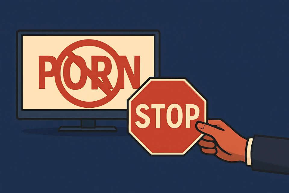 Illustration of a stop sign in front of a computer screen displaying an anti-pornography symbol.
