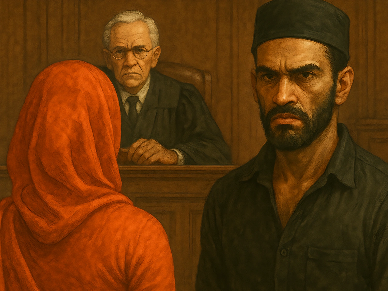 Illustration of a veiled woman and a man standing before a seated judge.