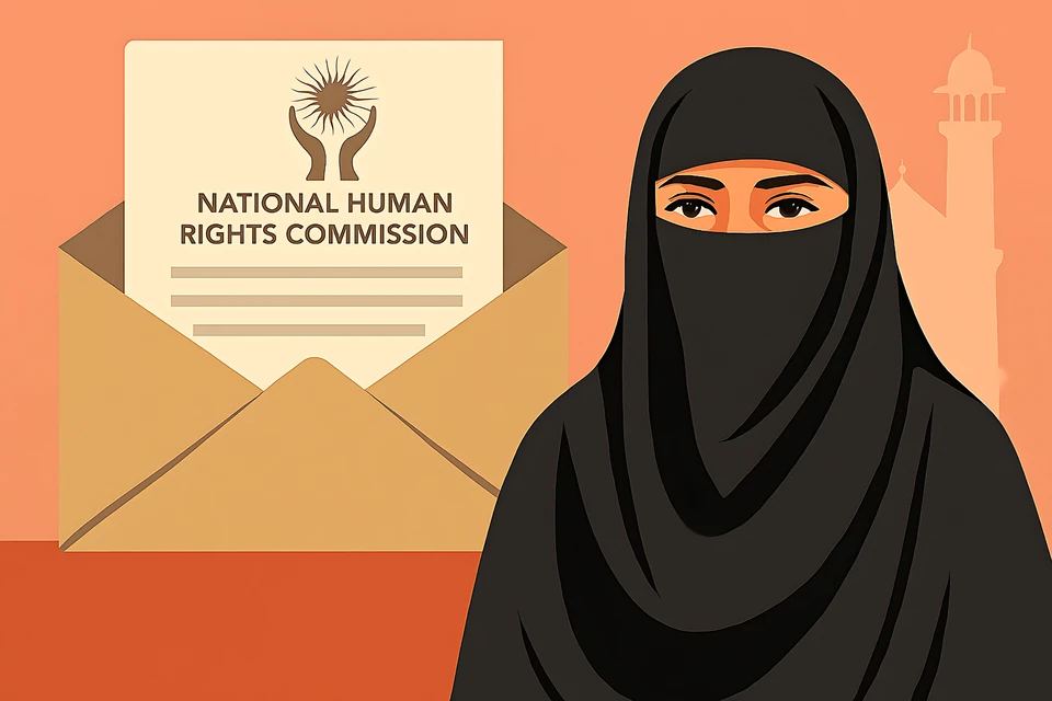 Illustration of a veiled woman beside an envelope bearing the National Human Rights Commission name.